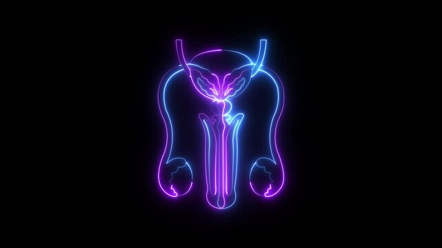glowing neon Male reproductive organs icon animation on black background. Healthcare body part icon. Male reproductive system icon  symbol. The testes are the primary male reproductive organ.