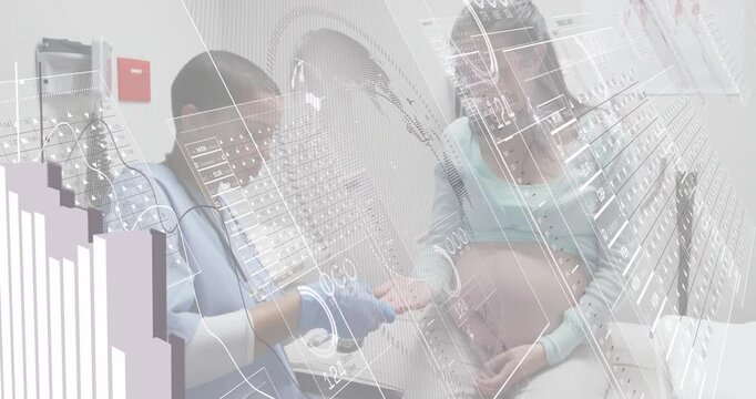 Clinician pricking pregnant patient's extended finger for diagnosis, showing animated health chart