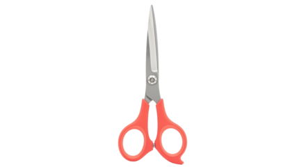 Isolated pet grooming scissors with red handles for dogs and cats with silver blades