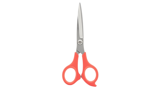 Isolated pet grooming scissors with red handles for dogs and cats with silver blades