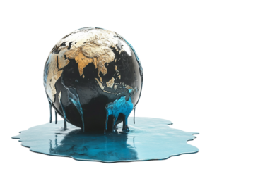Melting Metallic Planet Globe Dripping into Pool Representing Climate Change and Environmental Crisis isolated on transparent background PNG