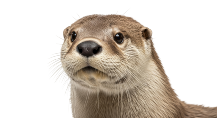 Isolated Eurasian otter portrait, focused gaze, charming animal looking at the viewer intently