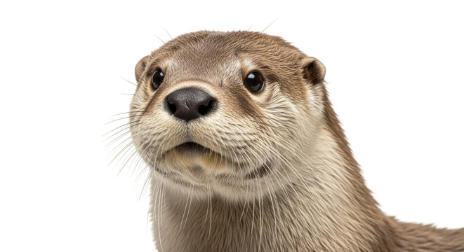 Isolated Eurasian otter portrait, focused gaze, charming animal looking at the viewer intently