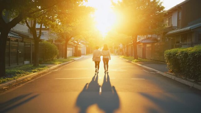 Romantisches Paar l&auml;uft Hand in Hand in den Sonnenuntergang &ndash; Liebe, Zweisamkeit & Naturstimmung