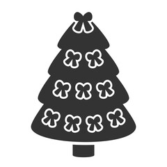 Christmas fir tree and ribbon. Silhouette of Xmas tree with Christmas elements. Christmas tree with cute bows. Modern design for card, poster, background. Flat symbol for New Year. Vector	
