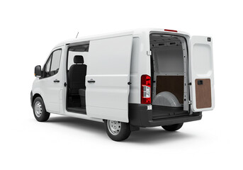 Versatile white cargo van with open doors showcasing spacious interior ready for delivery or transport needs