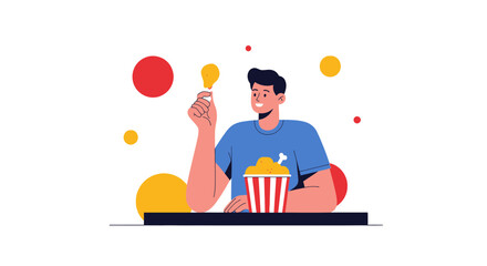 Illustration of a man eating fried chicken, surrounded by colorful circles and dots design