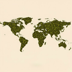 World map illustrated with green tea leaves on neutral background - Concept of Tea Day  