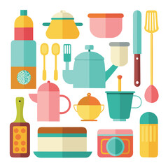 Flat design illustration displaying a variety of kitchen utensils and cookware