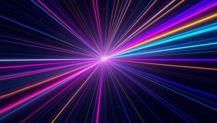 Vibrant neon light streaks burst from a central point creating a dynamic, futuristic tunnel effect with glowing particles in deep space