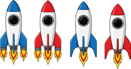Cartoon Rocket Icons, Colorful Spacecraft Vector, Launch Animation Elements, Blue Red Flame Design, Space Exploration Theme, Flight Motion Graphics