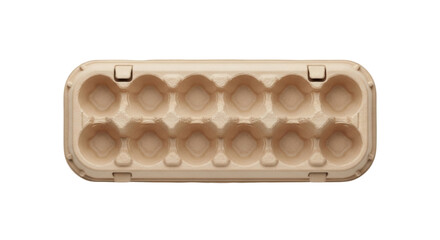 Isolated egg carton, closed, top-down view, showing a dozen egg recesses or indentations