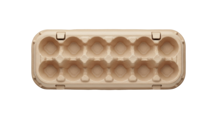 Isolated egg carton, closed, top-down view, showing a dozen egg recesses or indentations