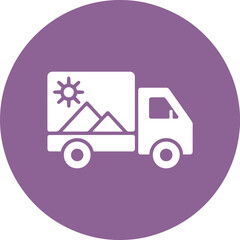 White truck silhouette carrying a landscape image on a purple circular background
