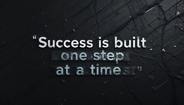 Success is built one step at a time, motivational quote with textured dark background and broken glass effect, emphasizing perseverance and gradual progress