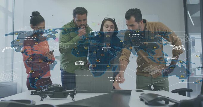 Team checking phone and viewing laptop while overlay evolving with nodes guiding business planning