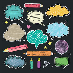 Colorful doodle illustration with pencils, speech bubbles, stars, and sketchy hand-drawn style