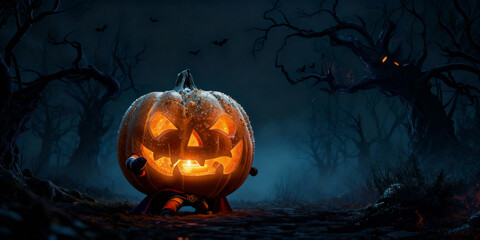 Glowing Halloween Pumpkin Decoration in Dark Forest Landscape