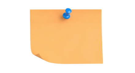 Isolated yellow sticky note with blue pin, reminder pinned to board, message and office supply