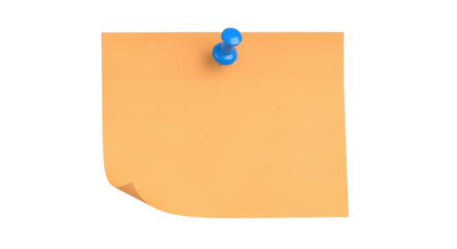 Isolated yellow sticky note with blue pin, reminder pinned to board, message and office supply