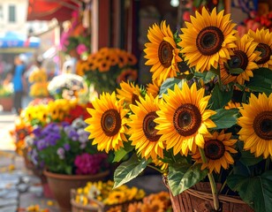 Obraz premium Vibrant sunflowers in a flower market