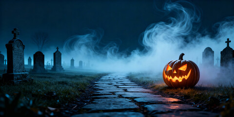Glowing Jack O Lantern on Stone Path in Misty Graveyard at Night Halloween Atmosphere