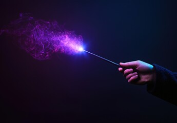 Hand gripping magical wand, conjuring vibrant purple spell with swirling smoke against shadowy background, representing mystical fantasy and wizardry elements