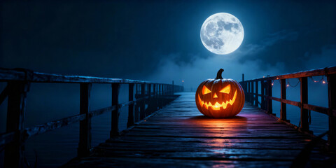 Glowing Jack o Lantern on Wooden Pier Under Full Moon in the Night with Dark Blue Sky