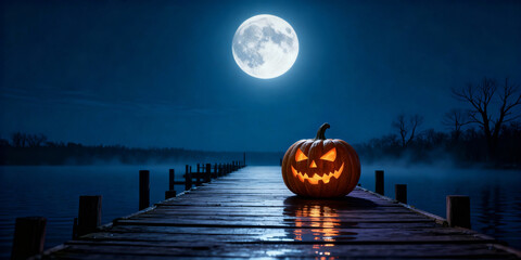 Glowing Jack O Lantern on Wooden Pier Under Full Moon at Night
