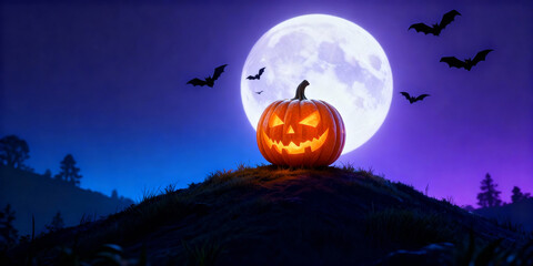 Glowing Jack o Lantern on Hill with Full Moon and Silhouetted Bats Against a Deep Blue and Purple Night Sky Halloween Scene