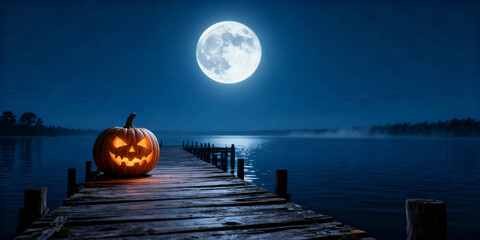 Glowing Jack O Lantern on Wooden Pier under Full Moon at Night with Dark Blue Sky and Dark Water