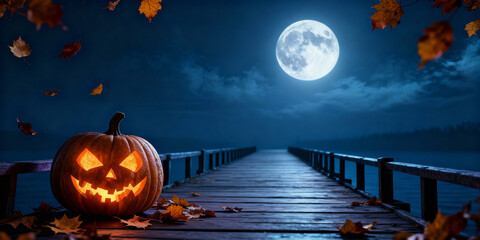 Glowing Jack O Lantern on Wooden Pier under a Full Moon Night with Autumn Leaves