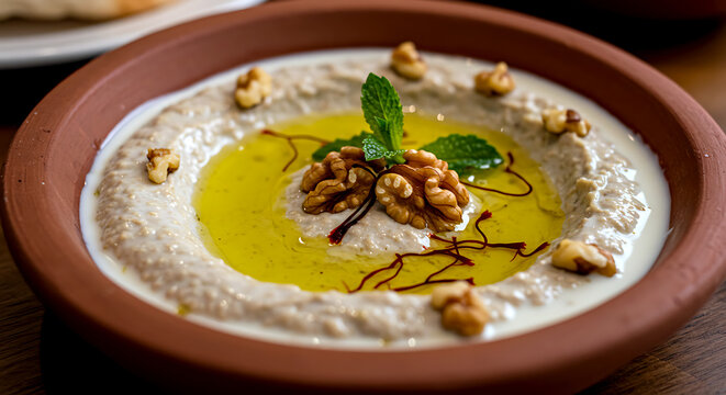 Kashke Bademjan, Iran. a Persian dip of silky roasted eggplant with whey (kashk), fried mint, and garlic, drizzled with saffron oil, garnished with walnuts 