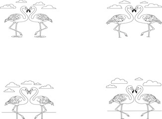 Four black and white line art illustrations of flamingo couples forming heart shapes.