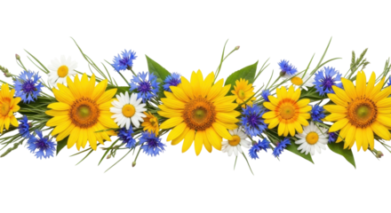 Isolated line arrangement of sunflowers, cornflowers and daisies in decorative seamless pattern