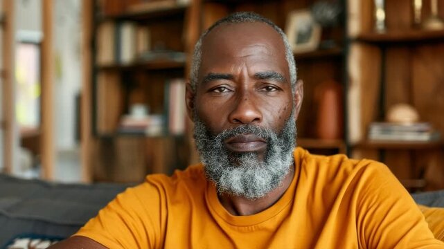 Elderly Black man with salt and pepper beard looking directly at camera, seated indoors with bookshelves in background, conveying wisdom and calm