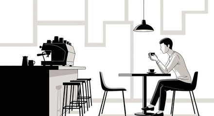 Monochrome illustration depicting a cafe scene with a patron enjoying coffee indoors simple and