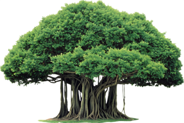 majestic banyan tree with sprawling roots and lush isolated on white background, png, ai generated