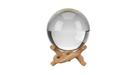 Isolated glass sphere on wooden stand, divination crystal ball for fortune telling practice