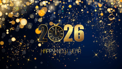 card or banner to wish a happy new year 2026 in gold the 0 is replaced by a clock on a blue background with circles and gold colored glitter in bokeh effect