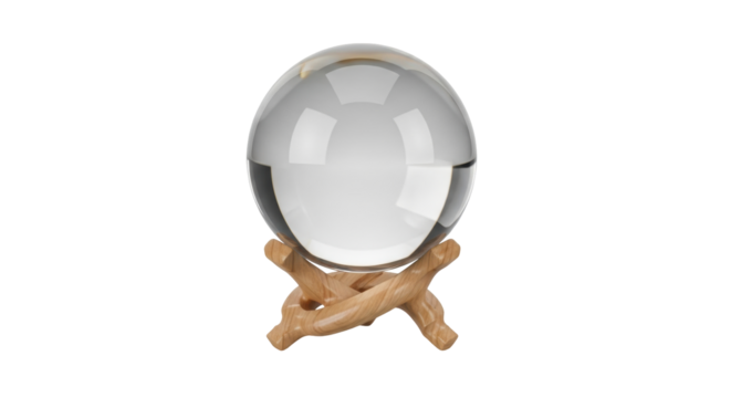 Isolated glass sphere on wooden stand, divination crystal ball for fortune telling practice
