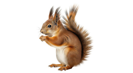 Isolated squirrel sits and eats, red fur, bushy tail and tufted ears, upright and alert