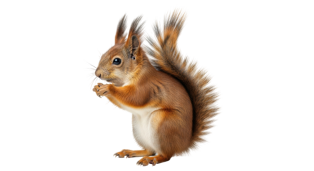 Isolated squirrel sits and eats, red fur, bushy tail and tufted ears, upright and alert