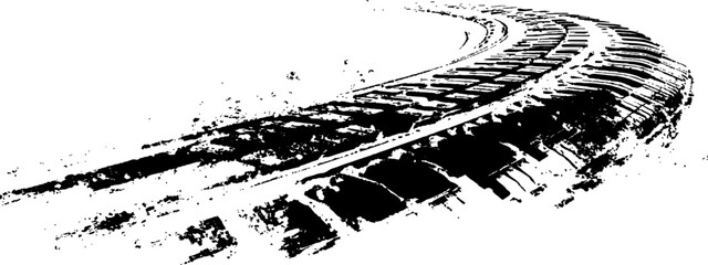 Black tire marks pattern isolates on white background. Top view background tires marks.  Seamless tire, track, car, vector, wheel texture. Clean tire print with Overlay and transparent look. 