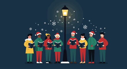 A serene Flat Design vertical banner illustration depicting a community gathered for Christmas carol singing, perfect for holiday event announcements.