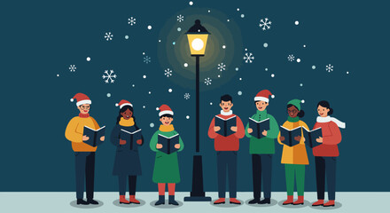 A serene Flat Design vertical banner illustration depicting a community gathered for Christmas carol singing, perfect for holiday event announcements.