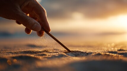 Hand drawing in sand at sunset