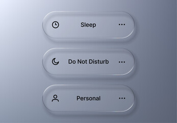 Obraz premium Translucent UI options display with sleep, do not disturb, and personal settings. Futuristic liquid glass morphism vector design for app interface concept.