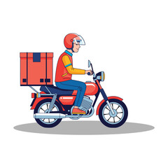 Delivery person riding a motorcycle with a large package box, fast courier service concept