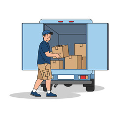 Delivery man loading boxes into a truck, logistics and shipping concept